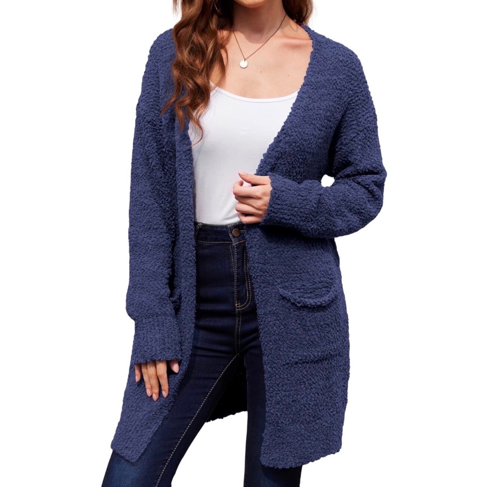 Merokeety Navy Blue Popcorn Knit Cardigan Womens XL Longline Open Front Sweater